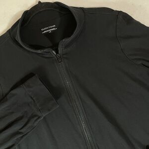 Eileen Fisher Jacket Womens L Black Full Zip Mock Neck Pockets 3/4 Sleeve USA